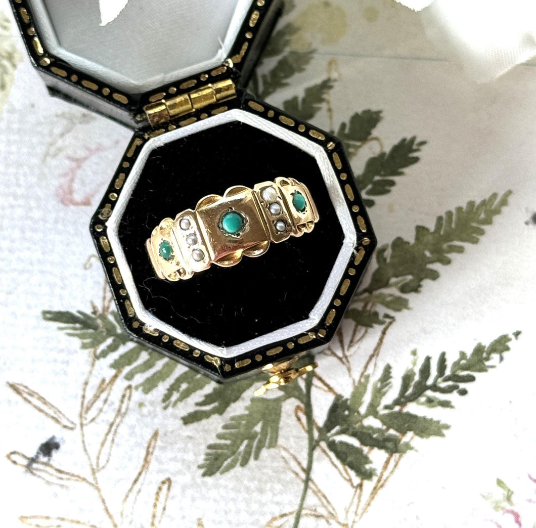 Antique Victorian 15ct Yellow Gold Turquoise & Pearl Band Ring. Classic Half Hoop Gemstone Ring, Chester 1892. Antique Ring Size N-1/2 or 7