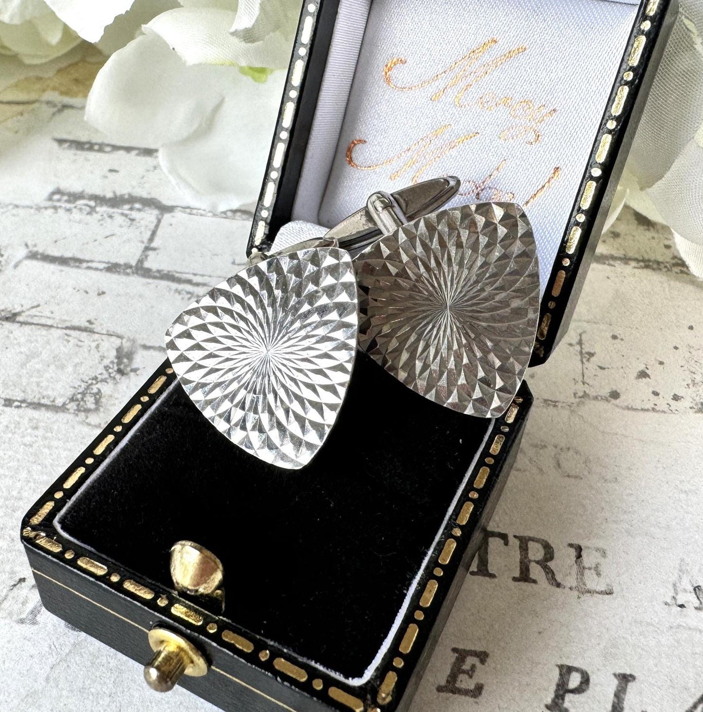 Vintage 1960s Sterling Silver Cufflinks - Guilloche Engraved Sunbursts - London Hallmarks. Wedding Groom, Dapper Dandy Formal Gifts For Him