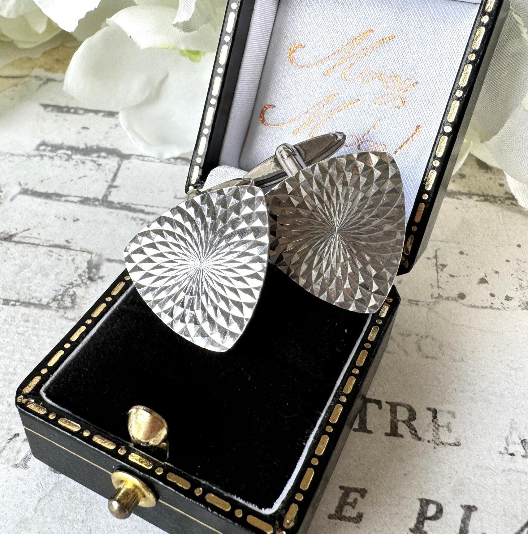 Vintage 1960s Sterling Silver Cufflinks - Guilloche Engraved Sunbursts - London Hallmarks. Wedding Groom, Dapper Dandy Formal Gifts For Him