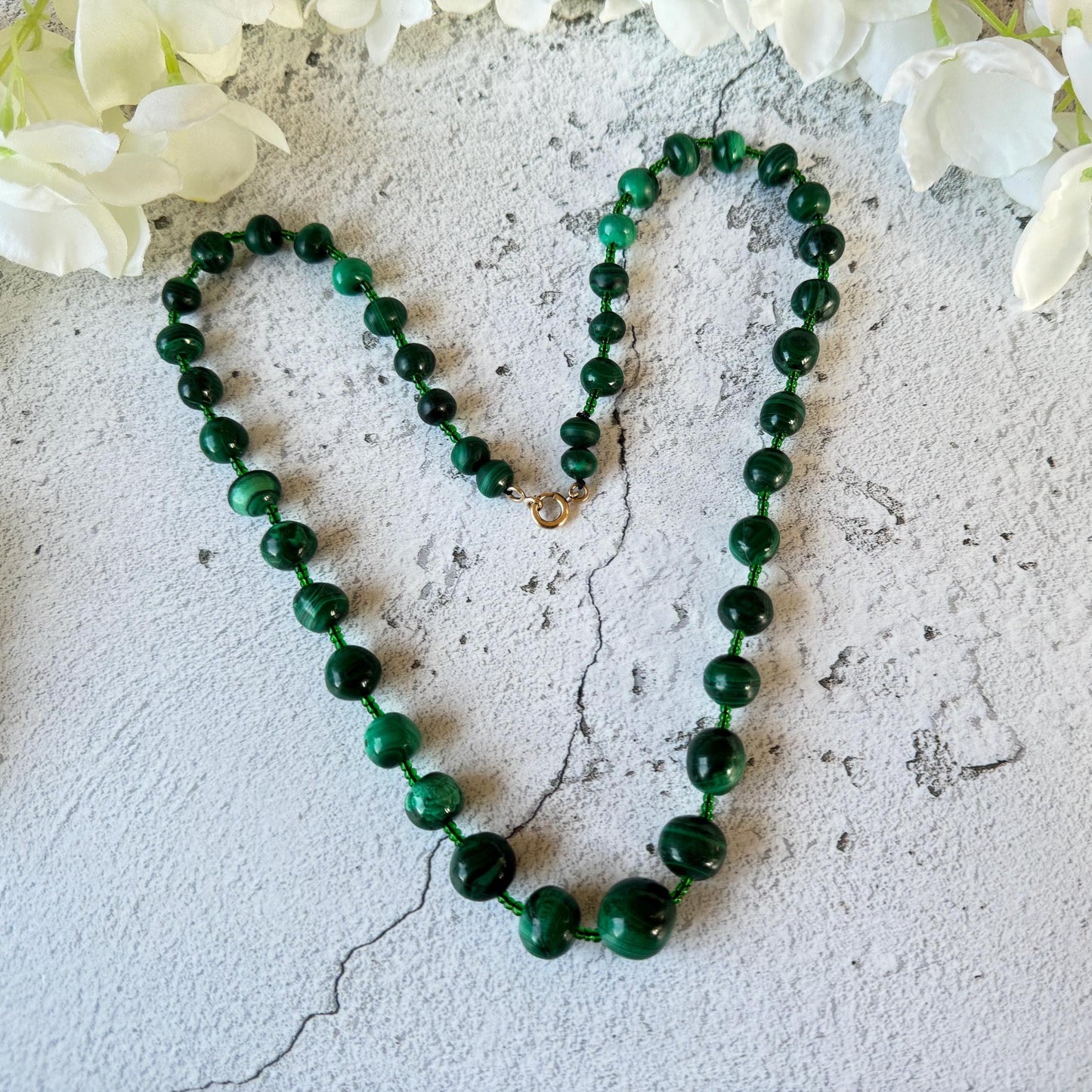 Antique Malachite Graduated Bead Necklace With Rolled Gold Clasp. Art Deco Era Natural Malachite Gemstone Bead Necklace 25"/62.5cm Long