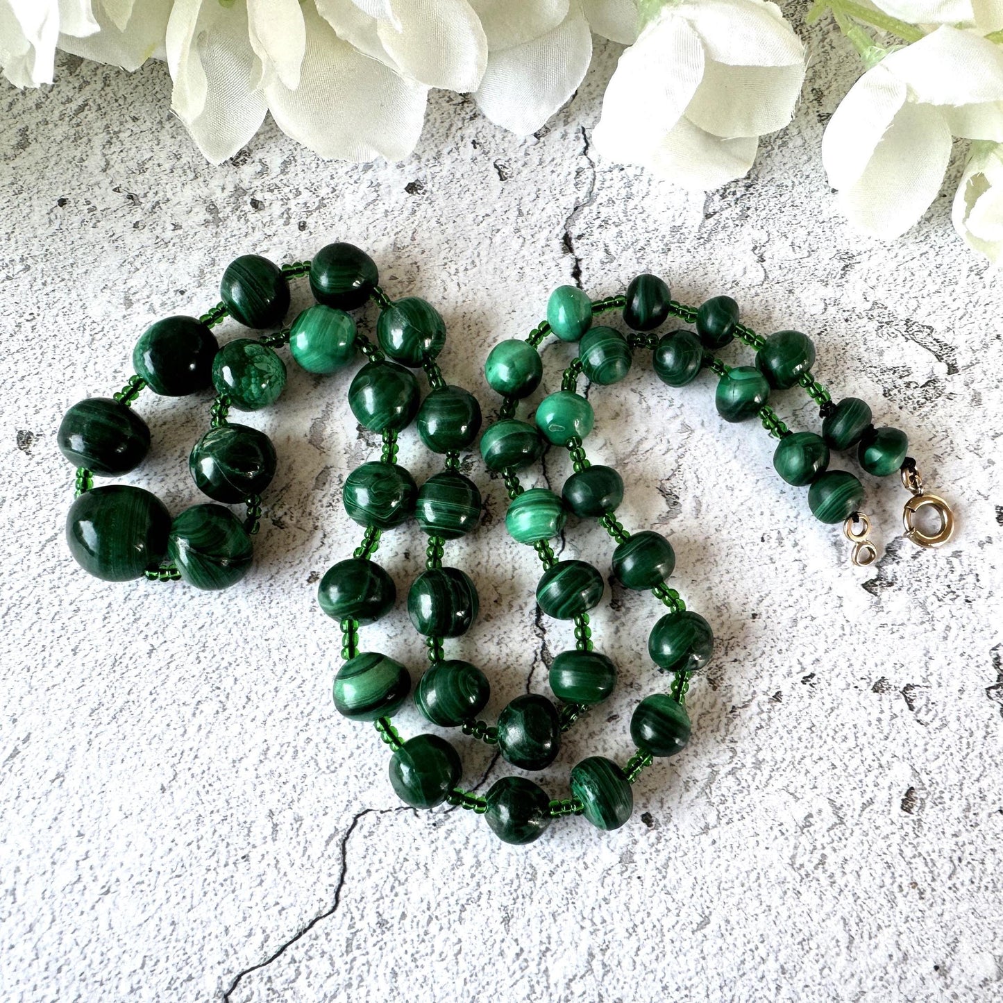 Antique Malachite Graduated Bead Necklace With Rolled Gold Clasp. Art Deco Era Natural Malachite Gemstone Bead Necklace 25"/62.5cm Long