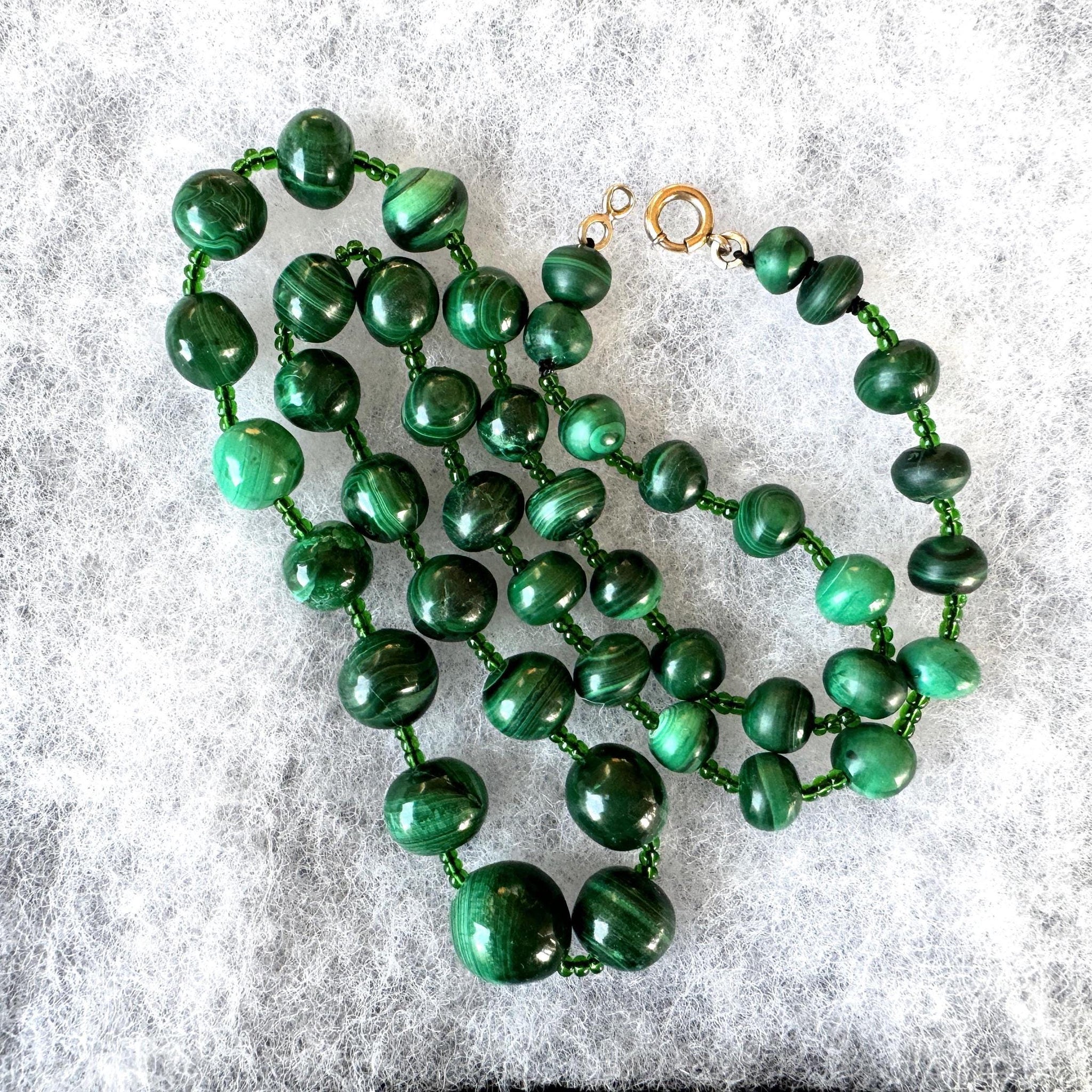 Antique Malachite Graduated Bead Necklace With Rolled Gold Clasp