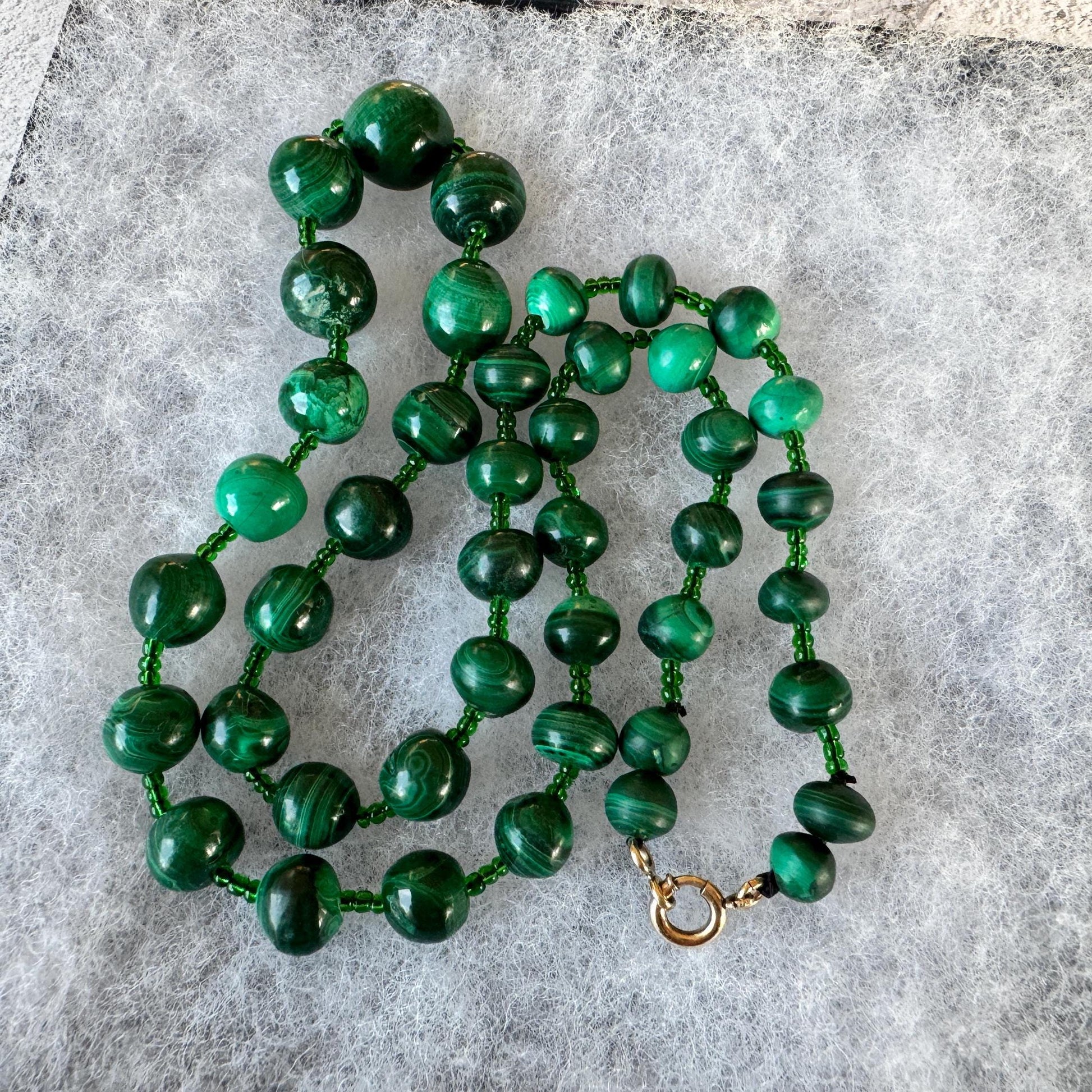 Antique Malachite Graduated Bead Necklace With Rolled Gold Clasp. Art Deco Era Natural Malachite Gemstone Bead Necklace 25"/62.5cm Long
