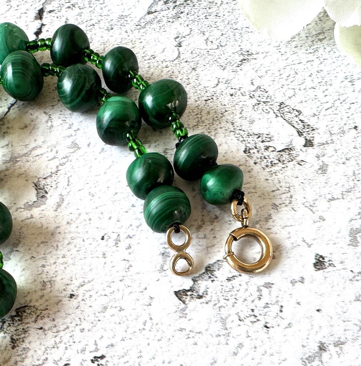 Antique Malachite Graduated Bead Necklace With Rolled Gold Clasp. Art Deco Era Natural Malachite Gemstone Bead Necklace 25"/62.5cm Long