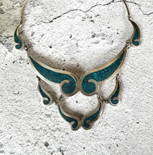 Load image into Gallery viewer, Vintage Mexican Sterling Silver Crushed Turquoise Inlay Collar Necklace. 1980s Modernist Articulated Panel Statement Necklace, Taxco, Mexico
