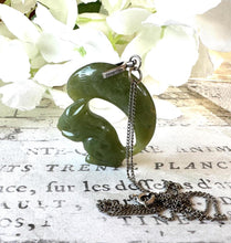 Cargar imagen en el visor de la galería, Antique Chinese Carved Jade Squirrel Silver Pendant Necklace. Art Deco Green Jade Sterling Silver Pendant &amp; Chain. Good Fortune/Luck Amulet
