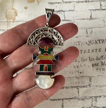 Load image into Gallery viewer, Vintage Peruvian 950 Silver Gemstone Set Large Tumi Pendant. Native Inca Sun God Inti Figural Ceremonial Knife Sterling Silver Pendant
