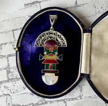 Load image into Gallery viewer, Vintage Peruvian 950 Silver Gemstone Set Large Tumi Pendant. Native Inca Sun God Inti Figural Ceremonial Knife Sterling Silver Pendant
