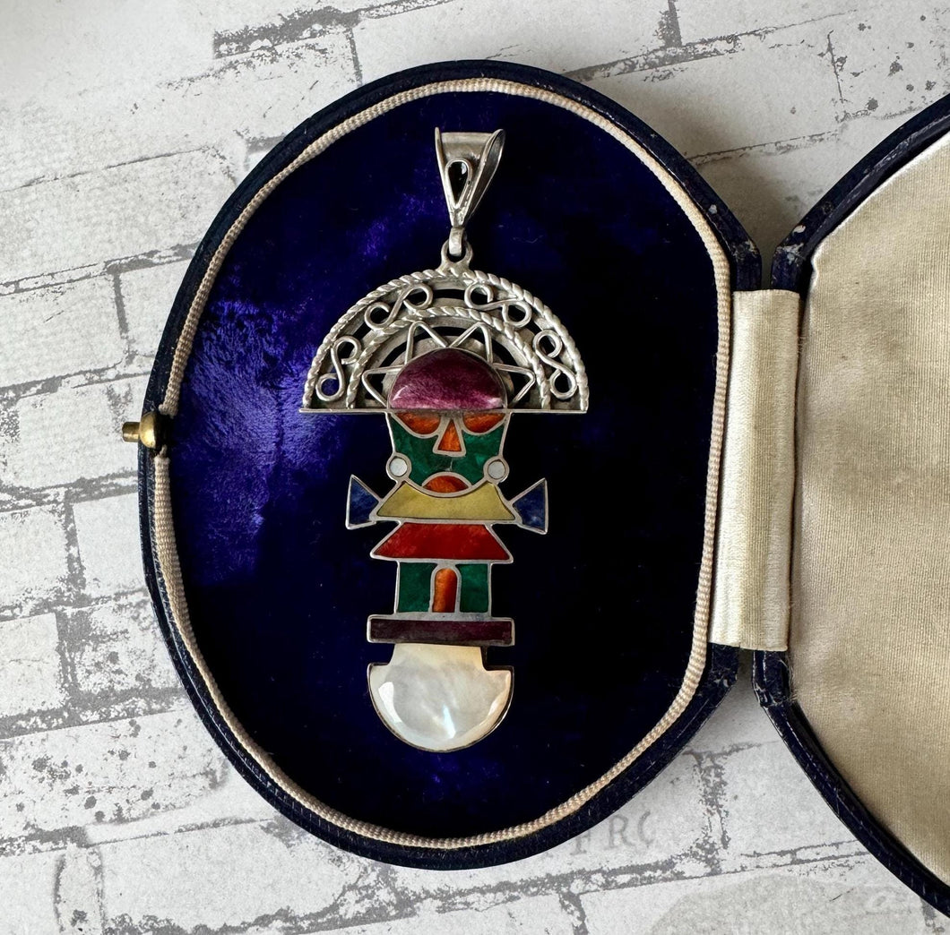 Vintage Peruvian 950 Silver Gemstone Set Large Tumi Pendant. Native Inca Sun God Inti Figural Ceremonial Knife Sterling Silver Pendant