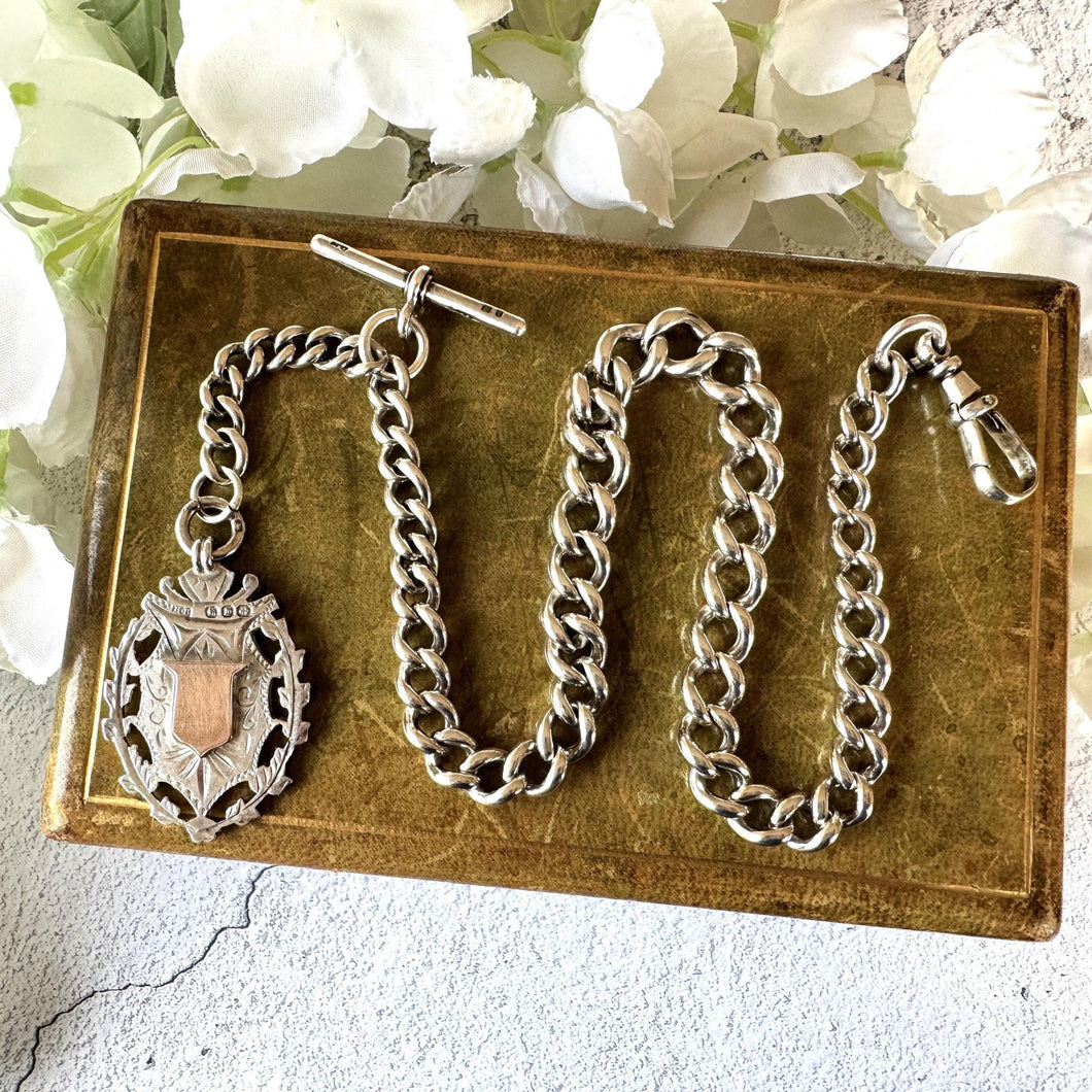 Antique 1896 Victorian Heavy Sterling Silver Albert Watch Chain
