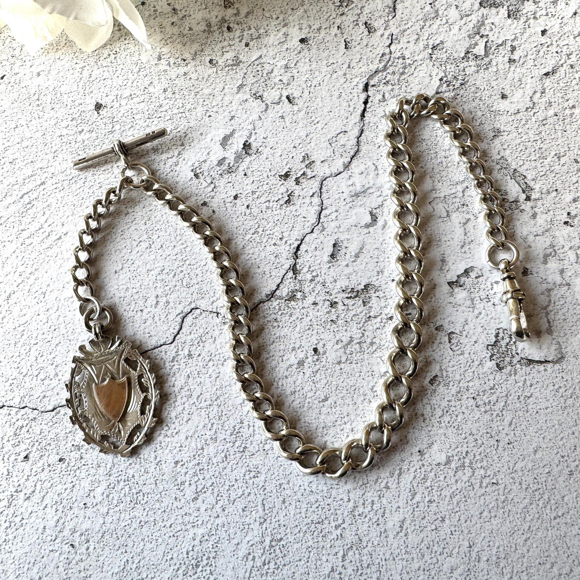 Antique 1896 Victorian Heavy Sterling Silver Albert Watch Chain With Large Gold & Silver Fancy Fob, 72 Grams. Chunky Watch Chain Necklace