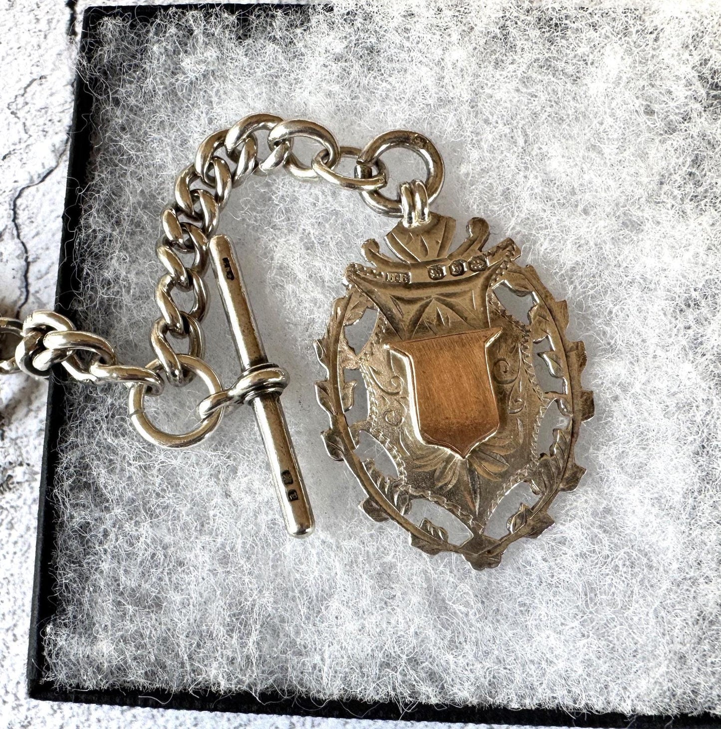 Antique 1896 Victorian Heavy Sterling Silver Albert Watch Chain With Large Gold & Silver Fancy Fob, 72 Grams. Chunky Watch Chain Necklace