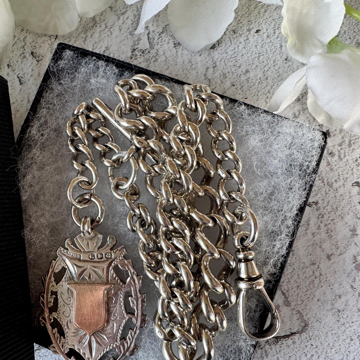Antique 1896 Victorian Heavy Sterling Silver Albert Watch Chain With Large Gold & Silver Fancy Fob, 72 Grams. Chunky Watch Chain Necklace