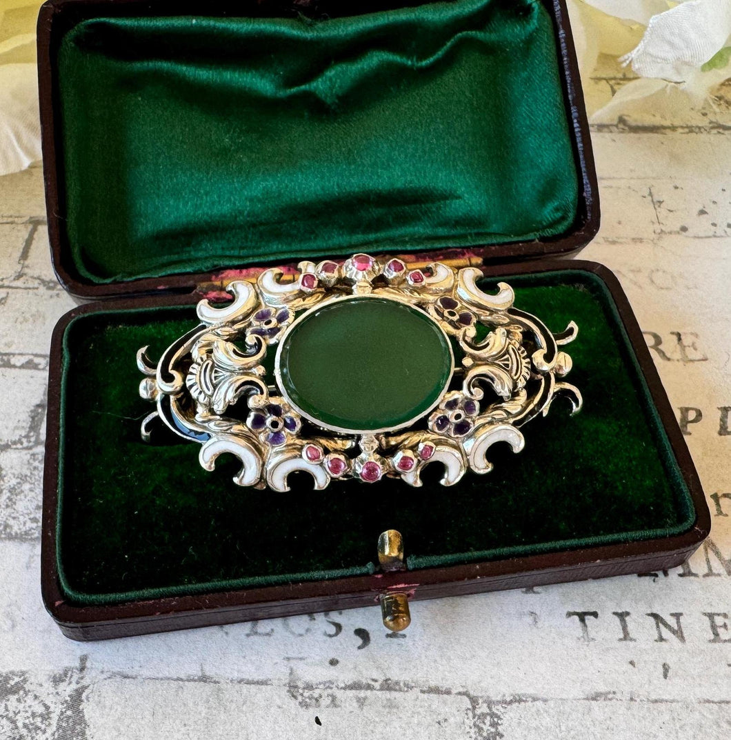 Antique Austro-Hungarian Ruby & Chrysoprase Enamel Silver Brooch