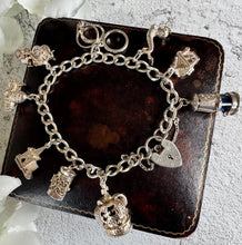 Charger l&#39;image dans la galerie, Vintage 1970s Georg Jensen Sterling Silver Curb Chain Charm Bracelet With 9 Charms &amp; Heart Padlock Clasp, All Original
