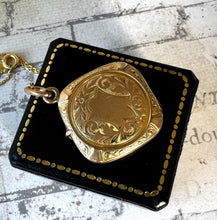 Load image into Gallery viewer, Antique 9ct Yellow Gold Engraved Shield Square Locket Pendant Necklace. Victorian/ Edwardian Gold Rhombus Locket &amp; Anchor Chain.
