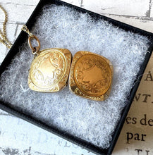 Load image into Gallery viewer, Antique 9ct Yellow Gold Engraved Shield Square Locket Pendant Necklace. Victorian/ Edwardian Gold Rhombus Locket &amp; Anchor Chain.
