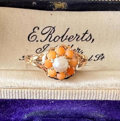 Vintage 9ct Gold Pearl & Pink Coral Cluster Cocktail Ring, Henry Griffiths 1968. Bold Tall Floral Yellow Gold Statement Ring, Size P/ 7.5