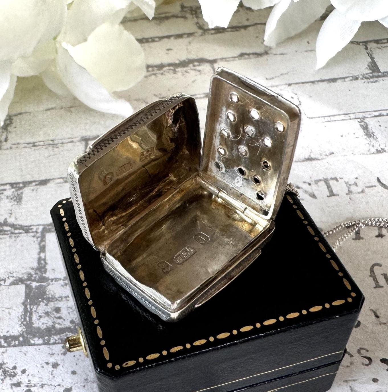 Antique Victorian Silver Vinaigrette Pendant, Hilliard & Thomason 1863. Floral Engraved Lady's Small Vinaigrette Locket Pendant Necklace