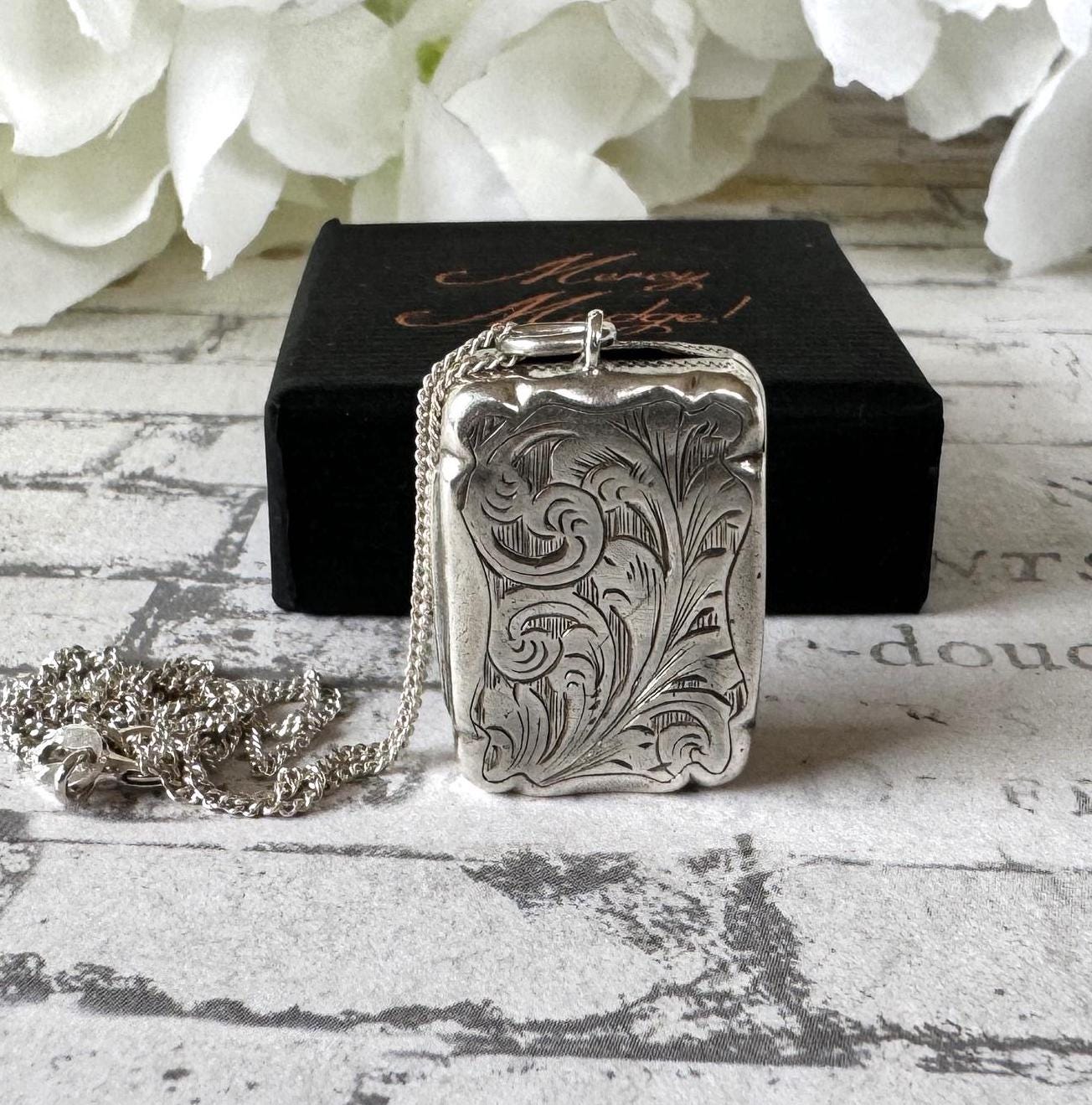 Antique Victorian Silver Vinaigrette Pendant, Hilliard & Thomason 1863. Floral Engraved Lady's Small Vinaigrette Locket Pendant Necklace
