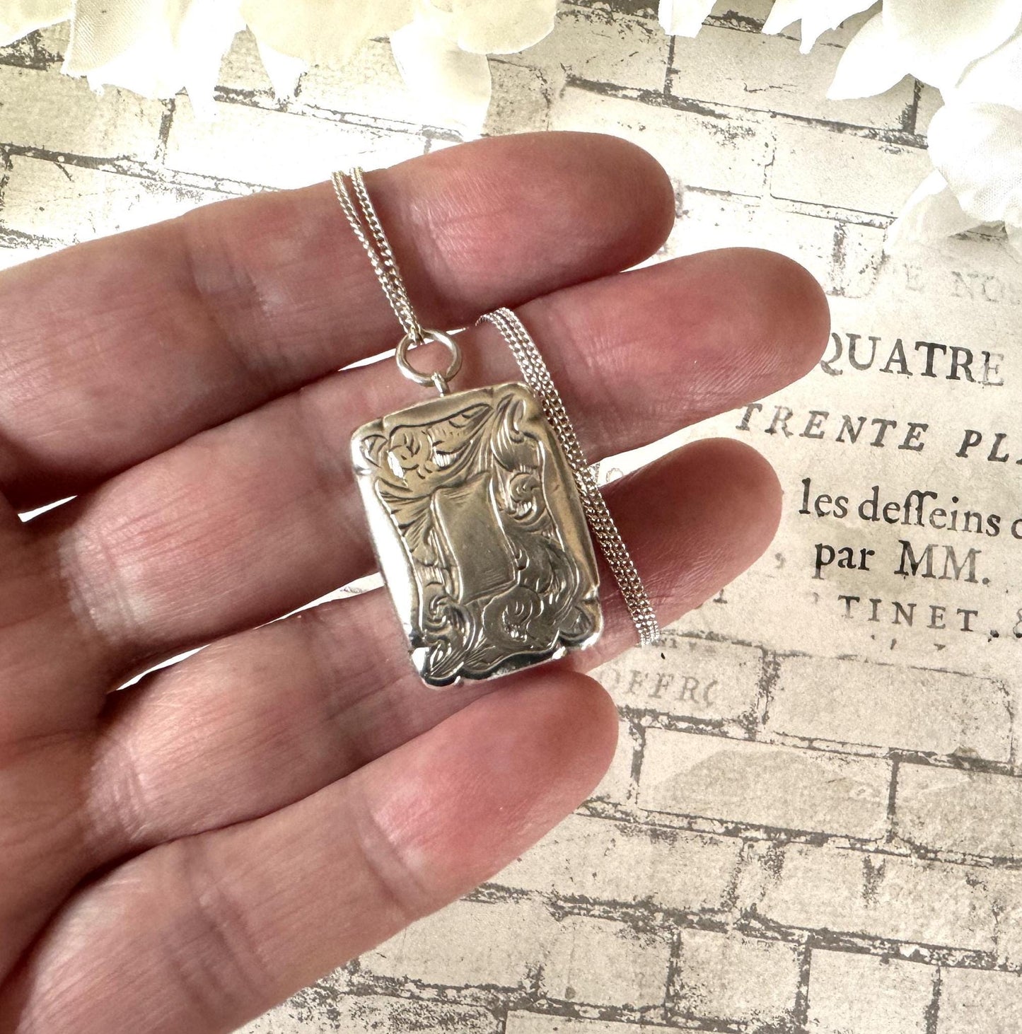 Antique Victorian Silver Vinaigrette Pendant, Hilliard & Thomason 1863. Floral Engraved Lady's Small Vinaigrette Locket Pendant Necklace