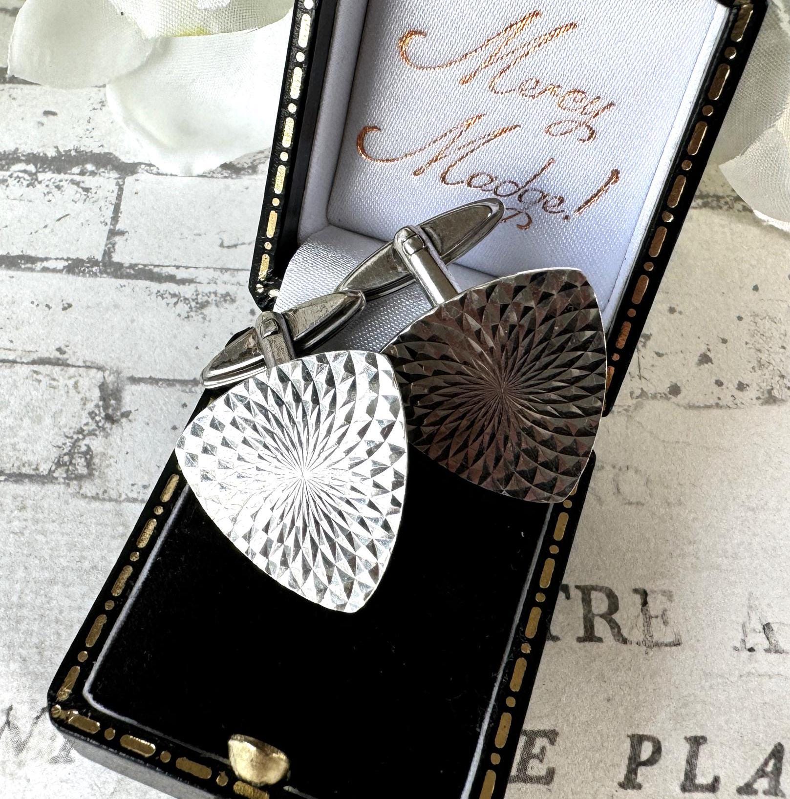 Vintage 1960s Sterling Silver Cufflinks - Guilloche Engraved Sunbursts - London Hallmarks. Wedding Groom, Dapper Dandy Formal Gifts For Him