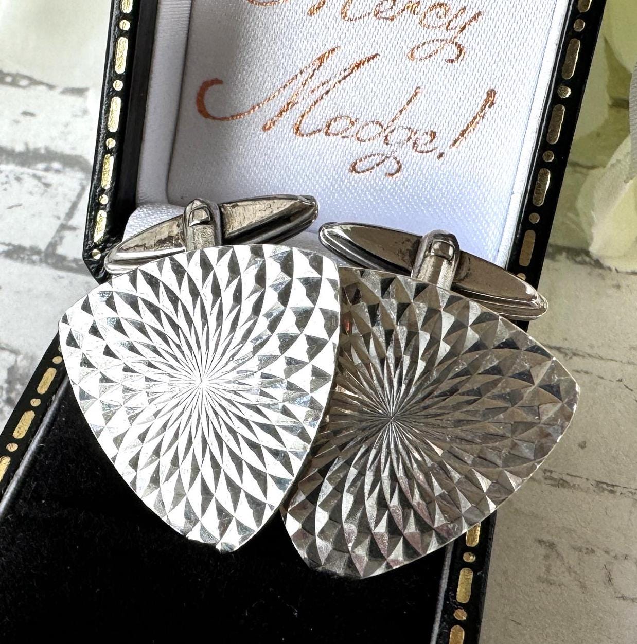 Vintage 1960s Sterling Silver Cufflinks - Guilloche Engraved Sunbursts - London Hallmarks. Wedding Groom, Dapper Dandy Formal Gifts For Him