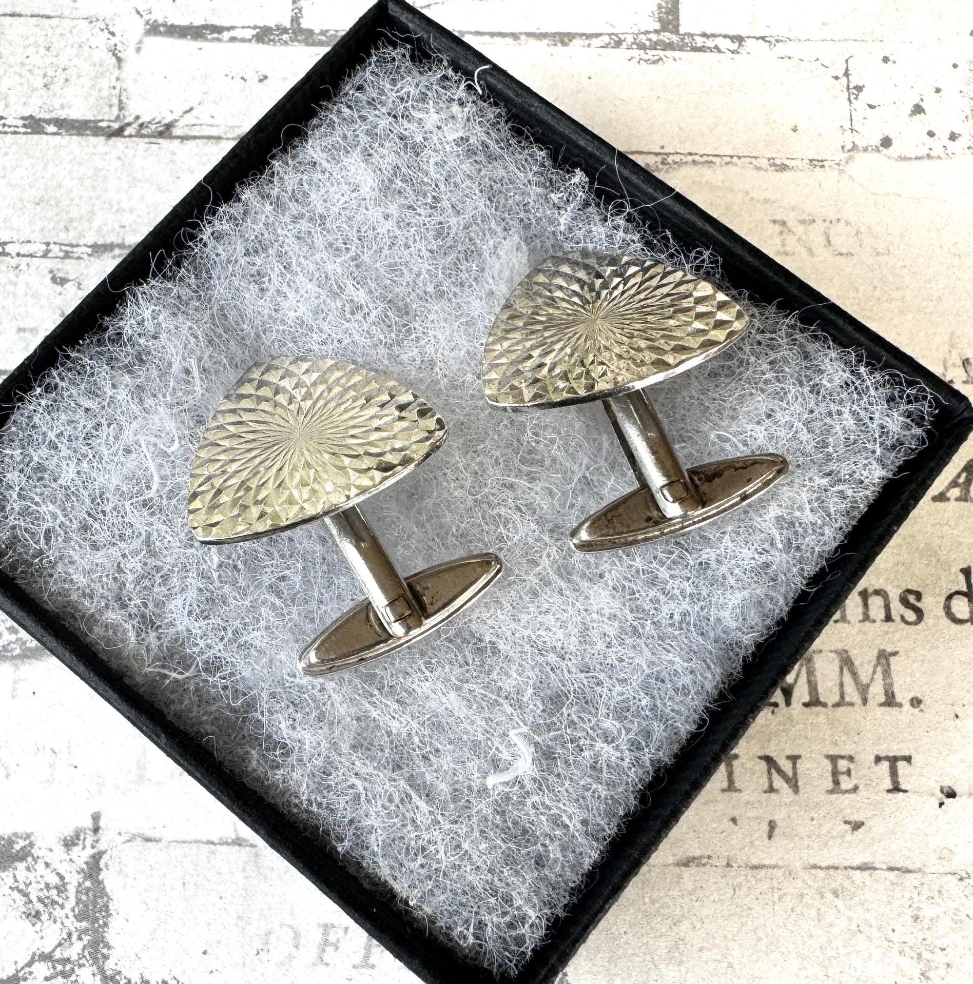 Vintage 1960s Sterling Silver Cufflinks - Guilloche Engraved Sunbursts - London Hallmarks. Wedding Groom, Dapper Dandy Formal Gifts For Him