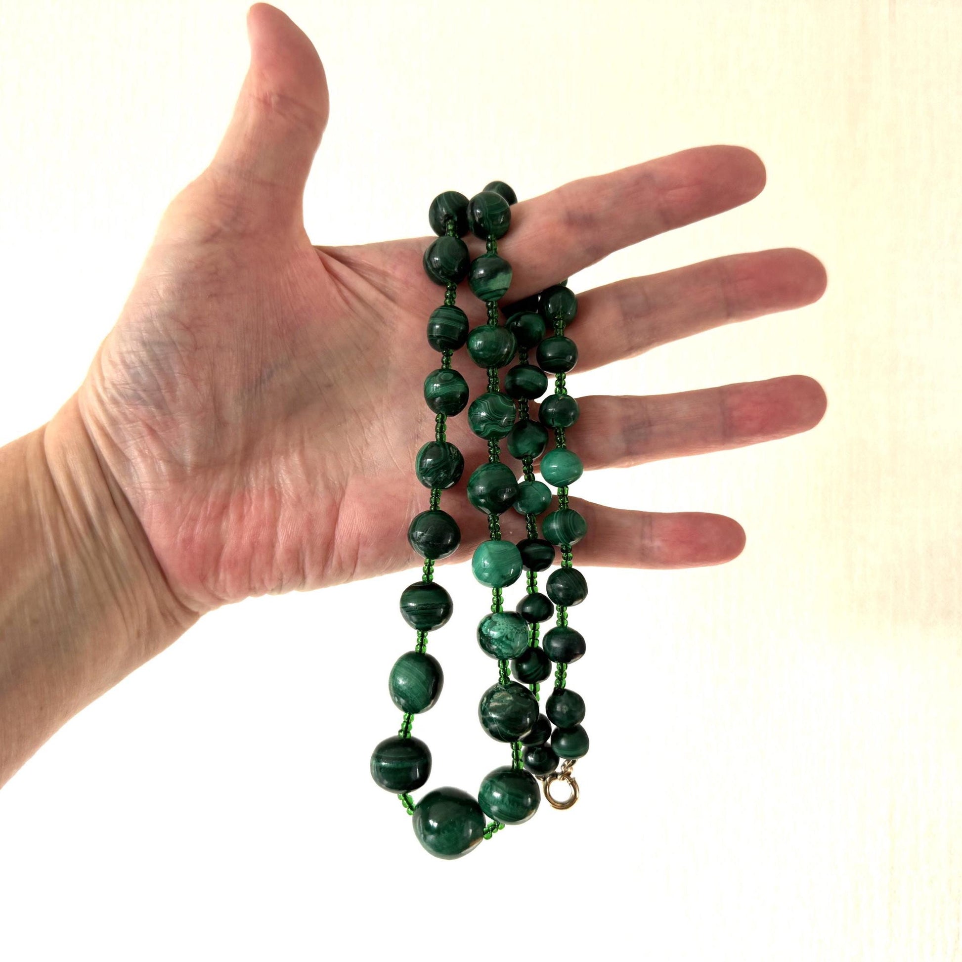 Antique Malachite Graduated Bead Necklace With Rolled Gold Clasp. Art Deco Era Natural Malachite Gemstone Bead Necklace 25"/62.5cm Long