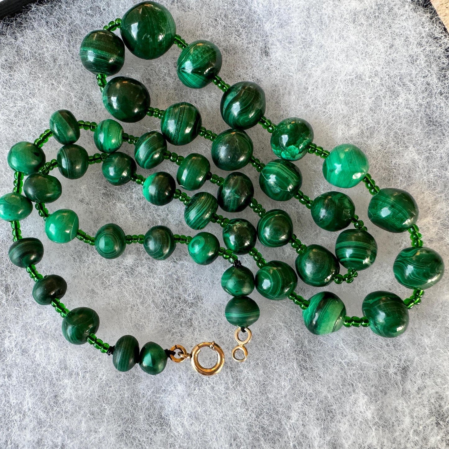 Antique Malachite Graduated Bead Necklace With Rolled Gold Clasp. Art Deco Era Natural Malachite Gemstone Bead Necklace 25"/62.5cm Long