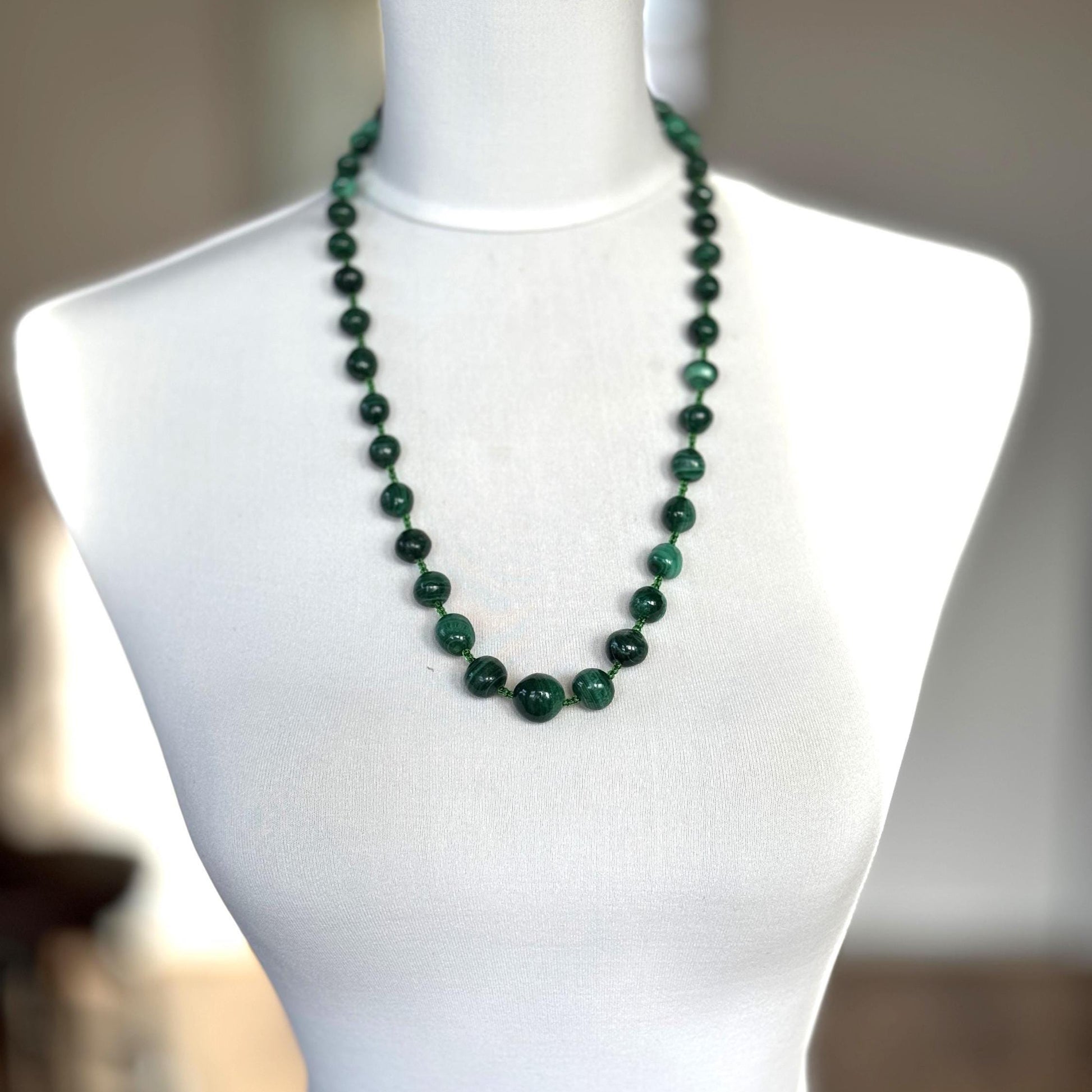 Antique Malachite Graduated Bead Necklace With Rolled Gold Clasp. Art Deco Era Natural Malachite Gemstone Bead Necklace 25"/62.5cm Long