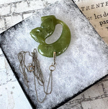 Cargar imagen en el visor de la galería, Antique Chinese Carved Jade Squirrel Silver Pendant Necklace. Art Deco Green Jade Sterling Silver Pendant &amp; Chain. Good Fortune/Luck Amulet
