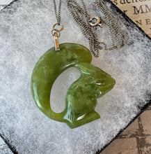 Cargar imagen en el visor de la galería, Antique Chinese Carved Jade Squirrel Silver Pendant Necklace. Art Deco Green Jade Sterling Silver Pendant &amp; Chain. Good Fortune/Luck Amulet
