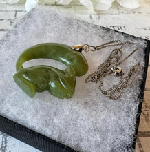 Cargar imagen en el visor de la galería, Antique Chinese Carved Jade Squirrel Silver Pendant Necklace. Art Deco Green Jade Sterling Silver Pendant &amp; Chain. Good Fortune/Luck Amulet
