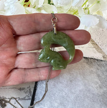 Cargar imagen en el visor de la galería, Antique Chinese Carved Jade Squirrel Silver Pendant Necklace. Art Deco Green Jade Sterling Silver Pendant &amp; Chain. Good Fortune/Luck Amulet
