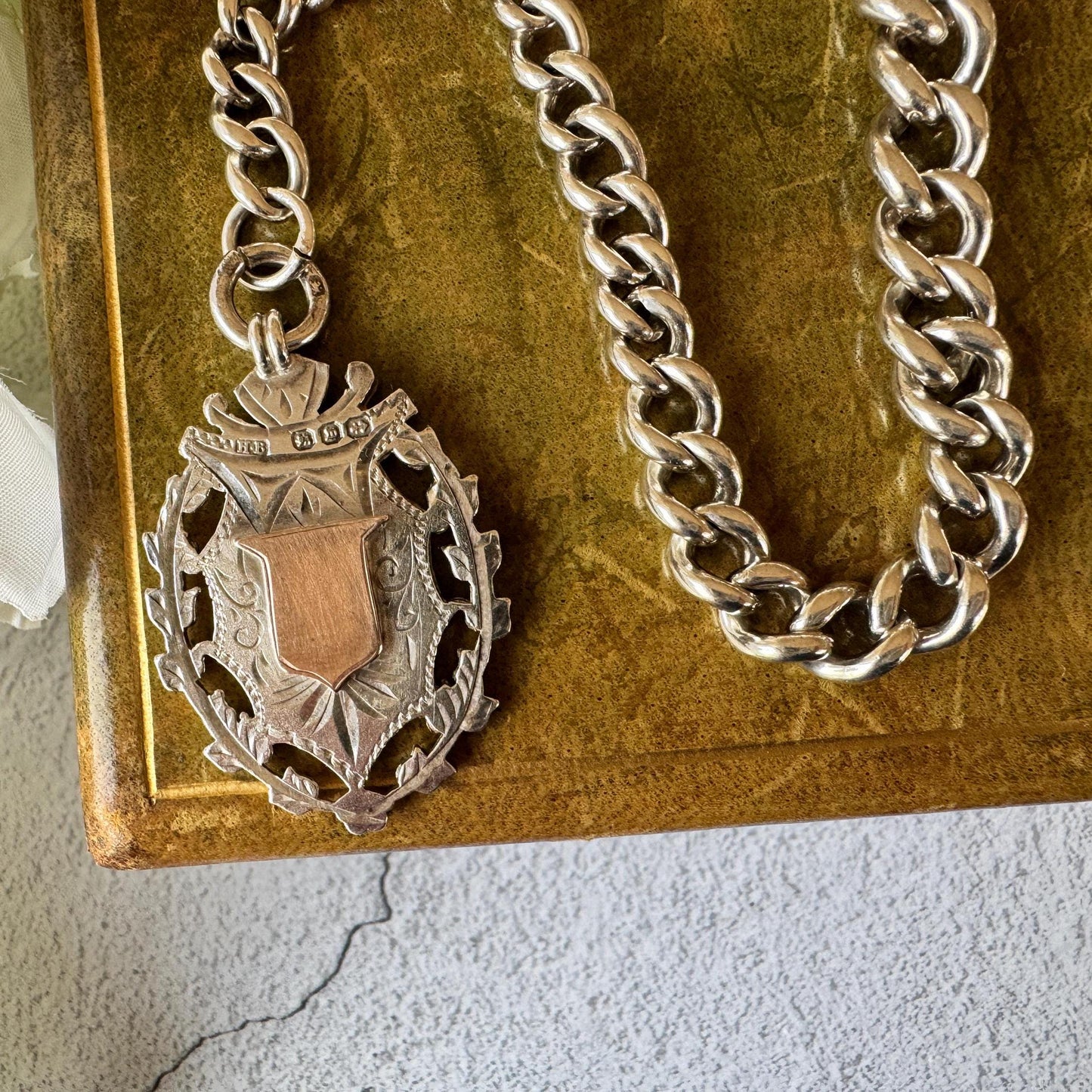 Antique 1896 Victorian Heavy Sterling Silver Albert Watch Chain With Large Gold & Silver Fancy Fob, 72 Grams. Chunky Watch Chain Necklace
