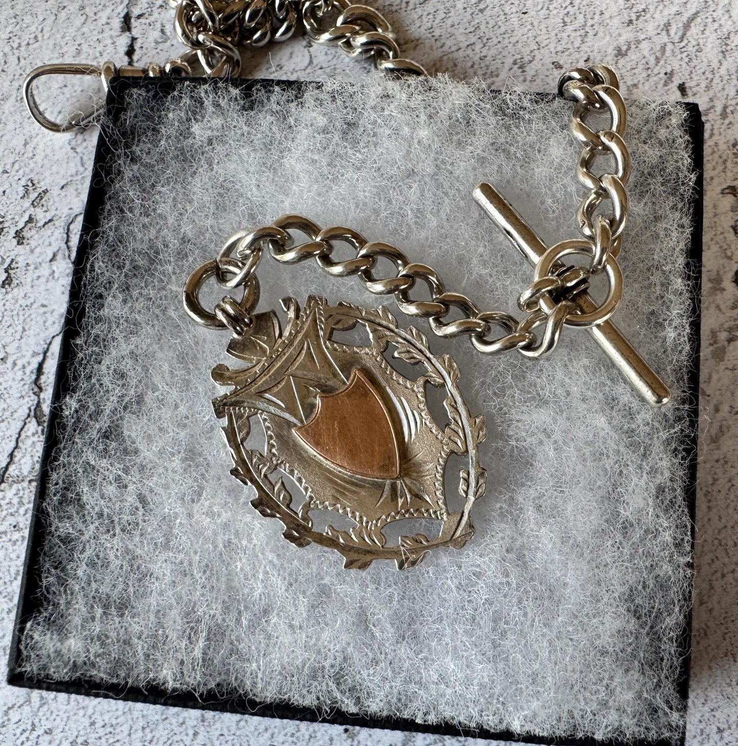 Antique 1896 Victorian Heavy Sterling Silver Albert Watch Chain With Large Gold & Silver Fancy Fob, 72 Grams. Chunky Watch Chain Necklace