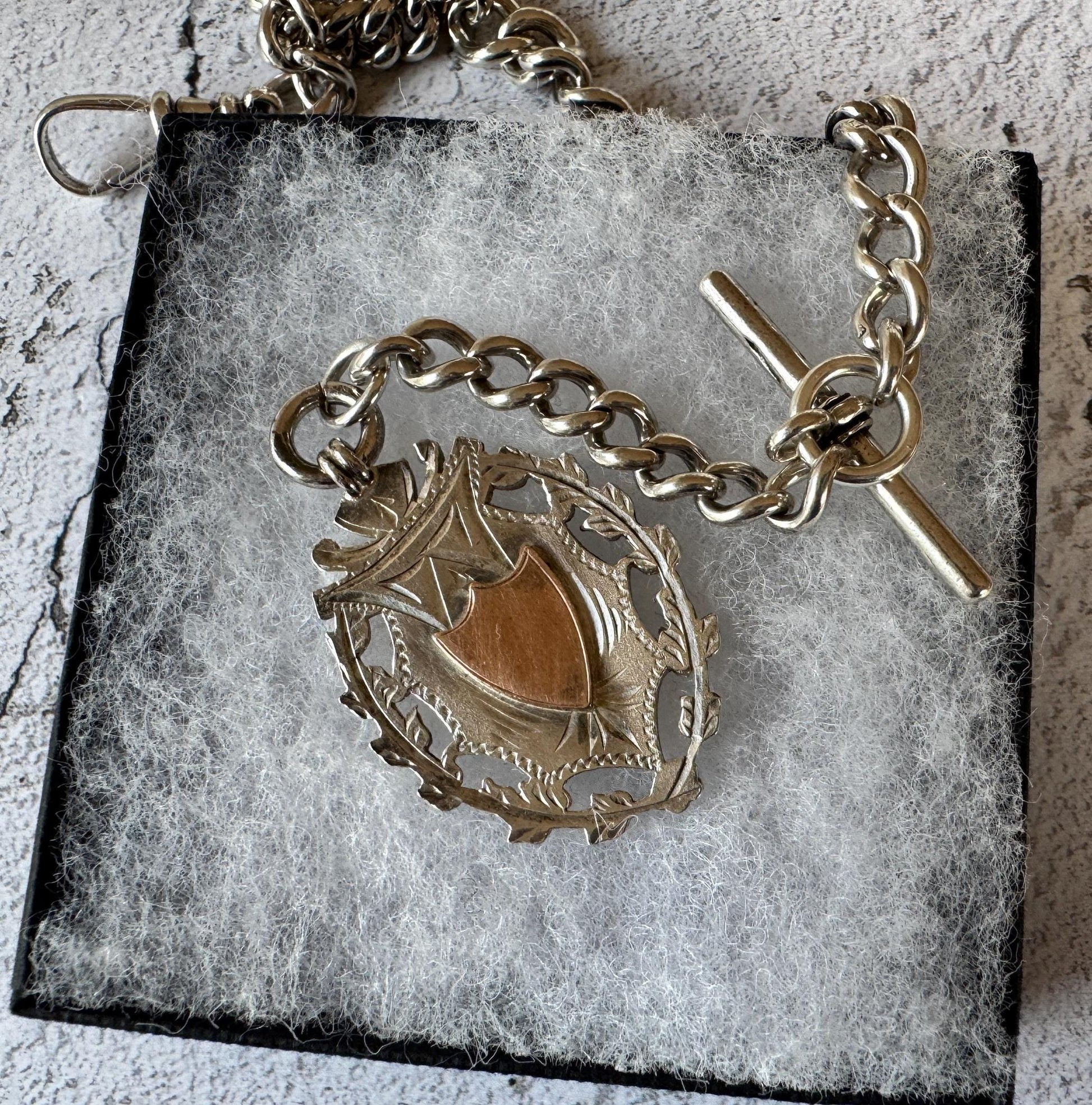 Antique 1896 Victorian Heavy Sterling Silver Albert Watch Chain With Large Gold & Silver Fancy Fob, 72 Grams. Chunky Watch Chain Necklace
