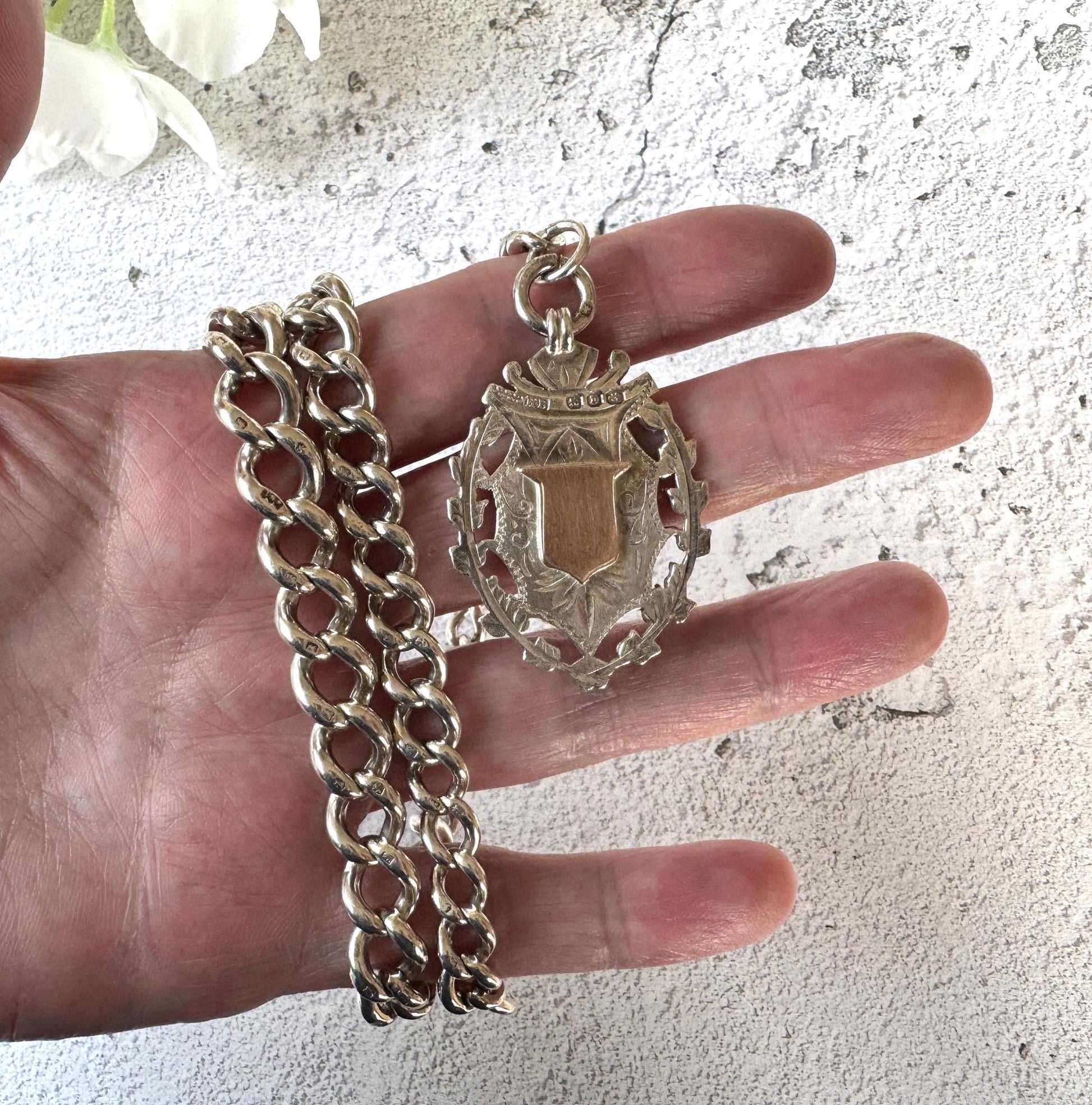 Antique 1896 Victorian Heavy Sterling Silver Albert Watch Chain With Large Gold & Silver Fancy Fob, 72 Grams. Chunky Watch Chain Necklace