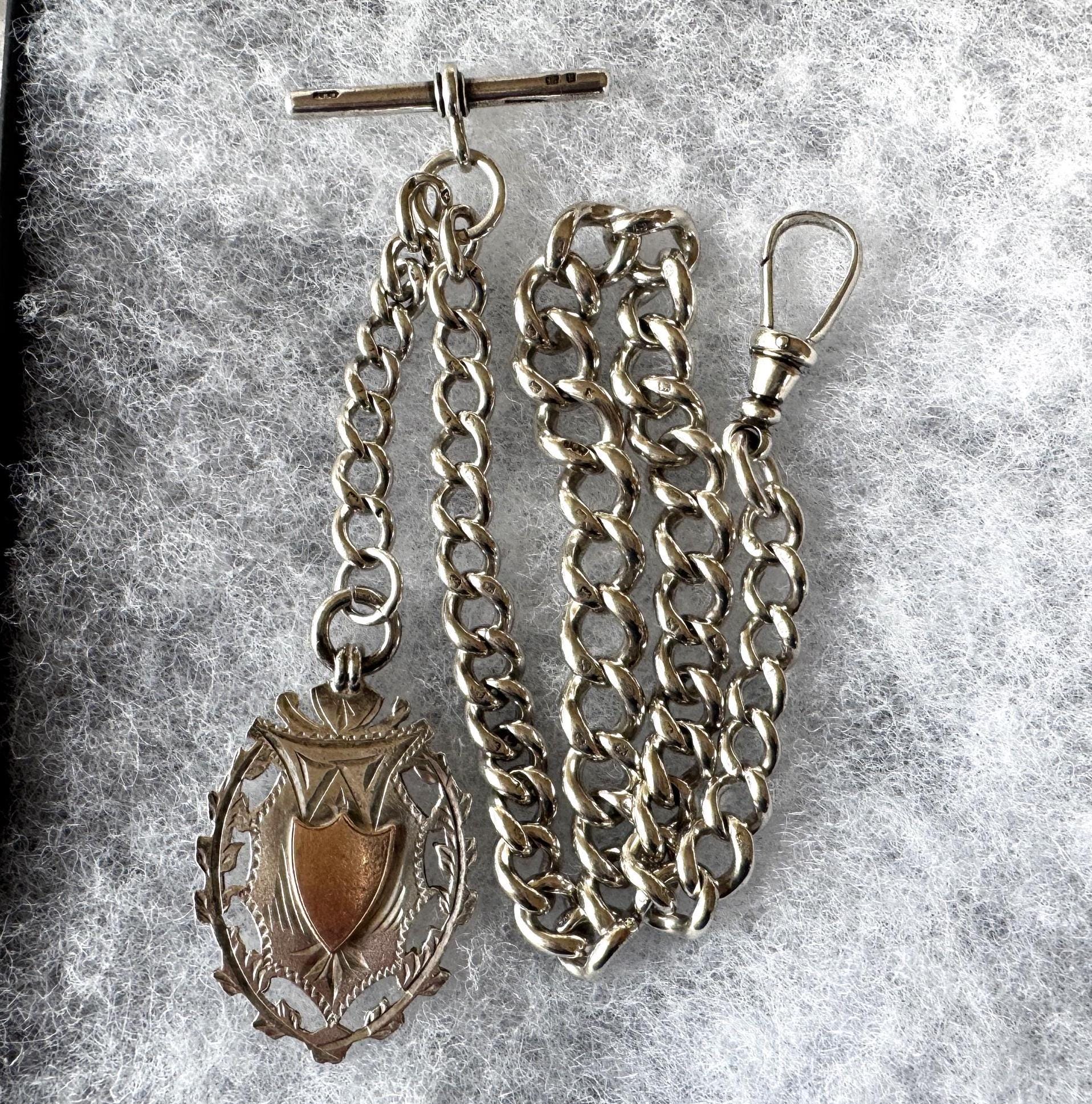 Antique 1896 Victorian Heavy Sterling Silver Albert Watch Chain With Large Gold & Silver Fancy Fob, 72 Grams. Chunky Watch Chain Necklace