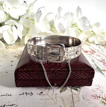 Load image into Gallery viewer, Vintage English Sterling Silver Buckle Bangle Bracelet. Floral Engraved Sterling Silver Victorian Style Belt &amp; Buckle Bangle, 1977 Hallmarks
