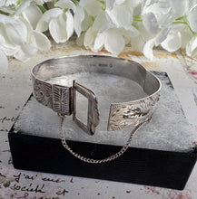 Load image into Gallery viewer, Vintage English Sterling Silver Buckle Bangle Bracelet. Floral Engraved Sterling Silver Victorian Style Belt &amp; Buckle Bangle, 1977 Hallmarks
