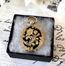 Load image into Gallery viewer, Antique Victorian 9ct Yellow Gold &amp; Black Enamel Forget-Me-Not Mourning Pendant Locket With Optional Period Chain
