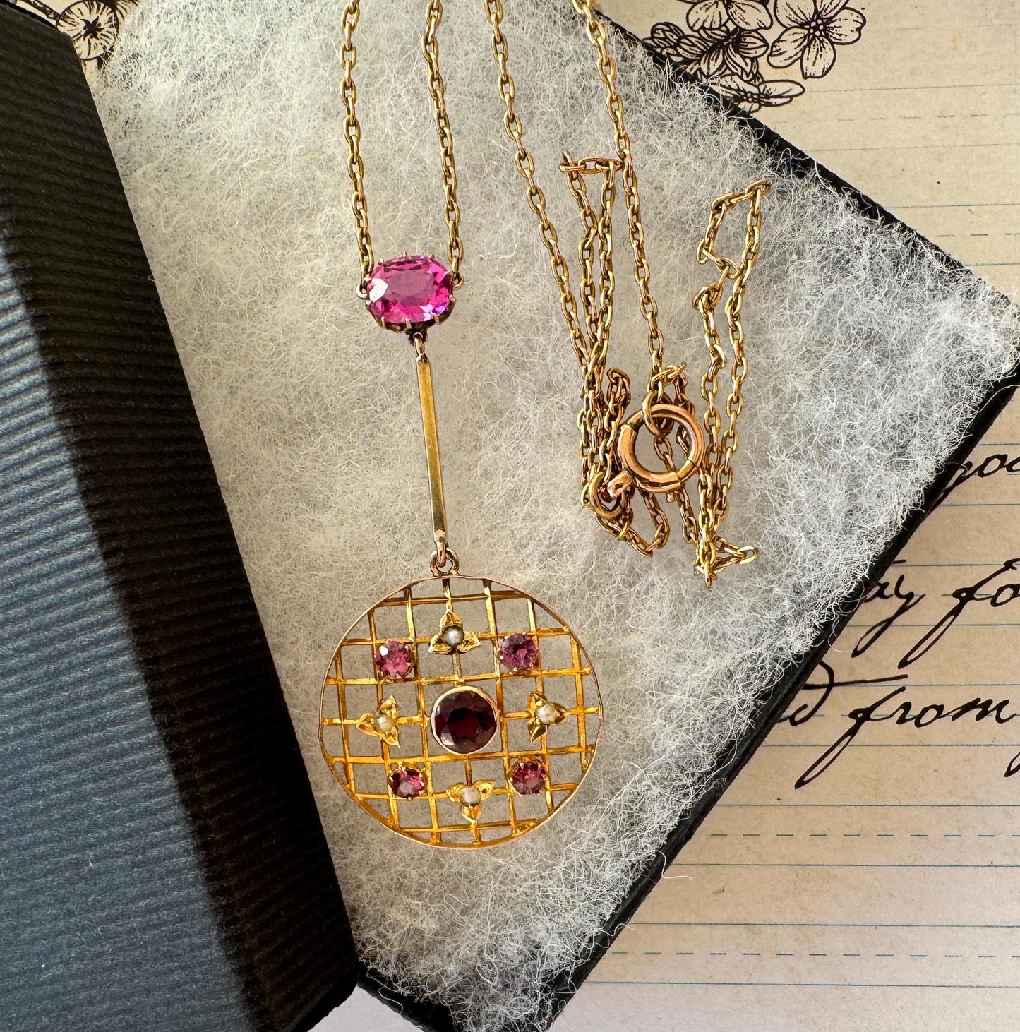 Antique 1.50ct Pink Ruby, Red Garnet & Pearl 9ct Gold Lariat/Lavalier Pendant Drop Necklace. Victorian/Edwardian Gold Gemstone Y-Necklace