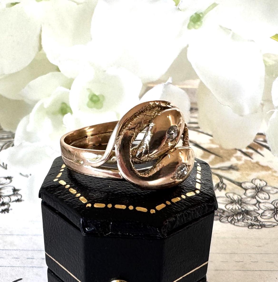 Antique Victorian 15ct Gold Diamond Snake Ring. Double Snake Wrap Yellow Gold & Old Cut Diamond Ring. Romantic Love Token Eternity Ring