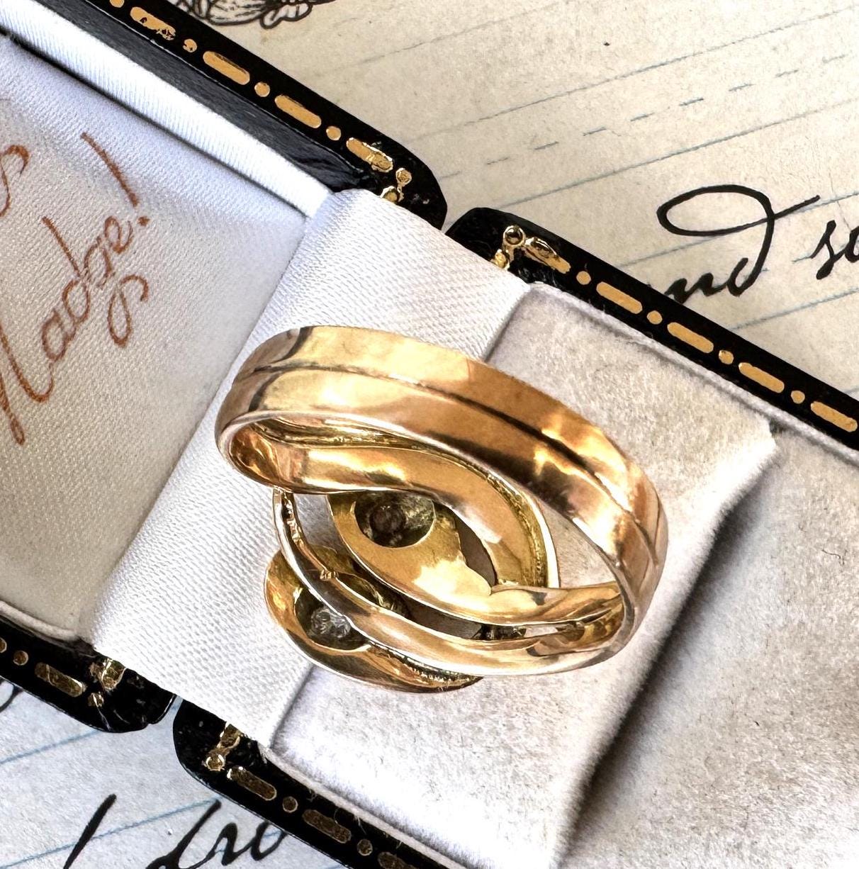 Antique Victorian 15ct Gold Diamond Snake Ring. Double Snake Wrap Yellow Gold & Old Cut Diamond Ring. Romantic Love Token Eternity Ring