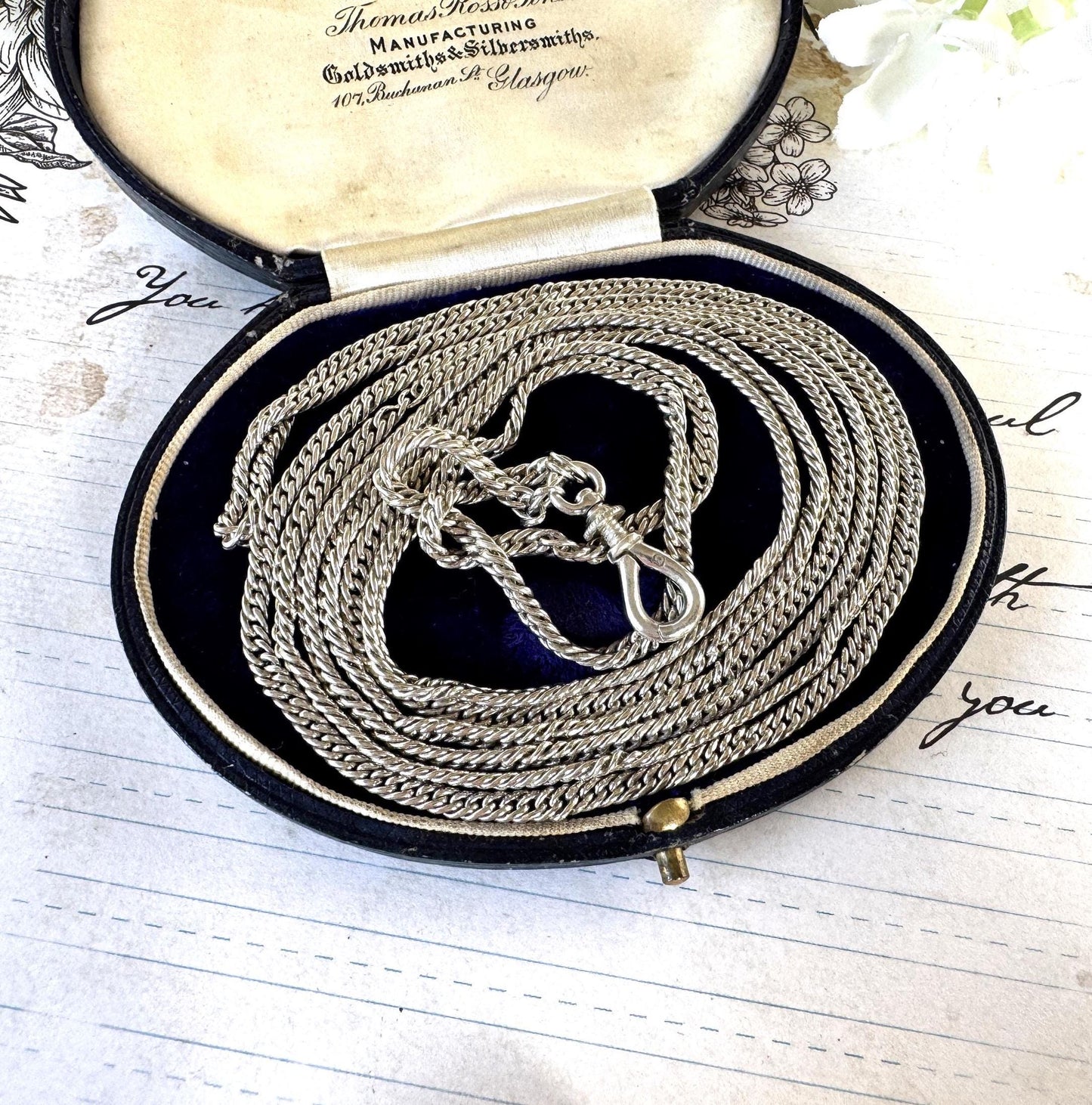 Antique Georgian Sterling Silver Guard Chain Necklace With Threaded Screw Swivel Clip. 52" Long Curb Chain Sautoir Necklace/Muff Chain