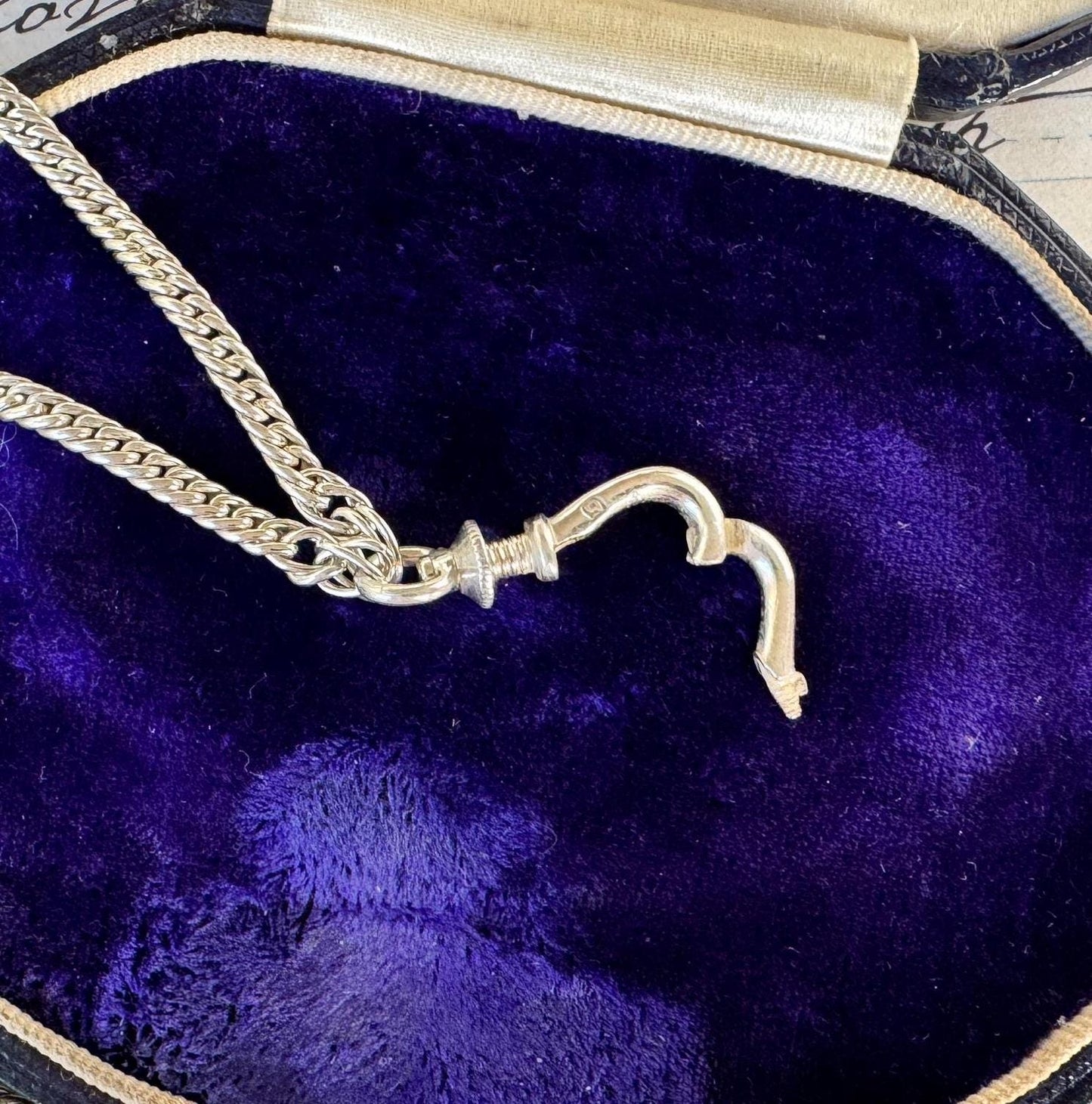 Antique Georgian Sterling Silver Guard Chain Necklace With Threaded Screw Swivel Clip. 52" Long Curb Chain Sautoir Necklace/Muff Chain