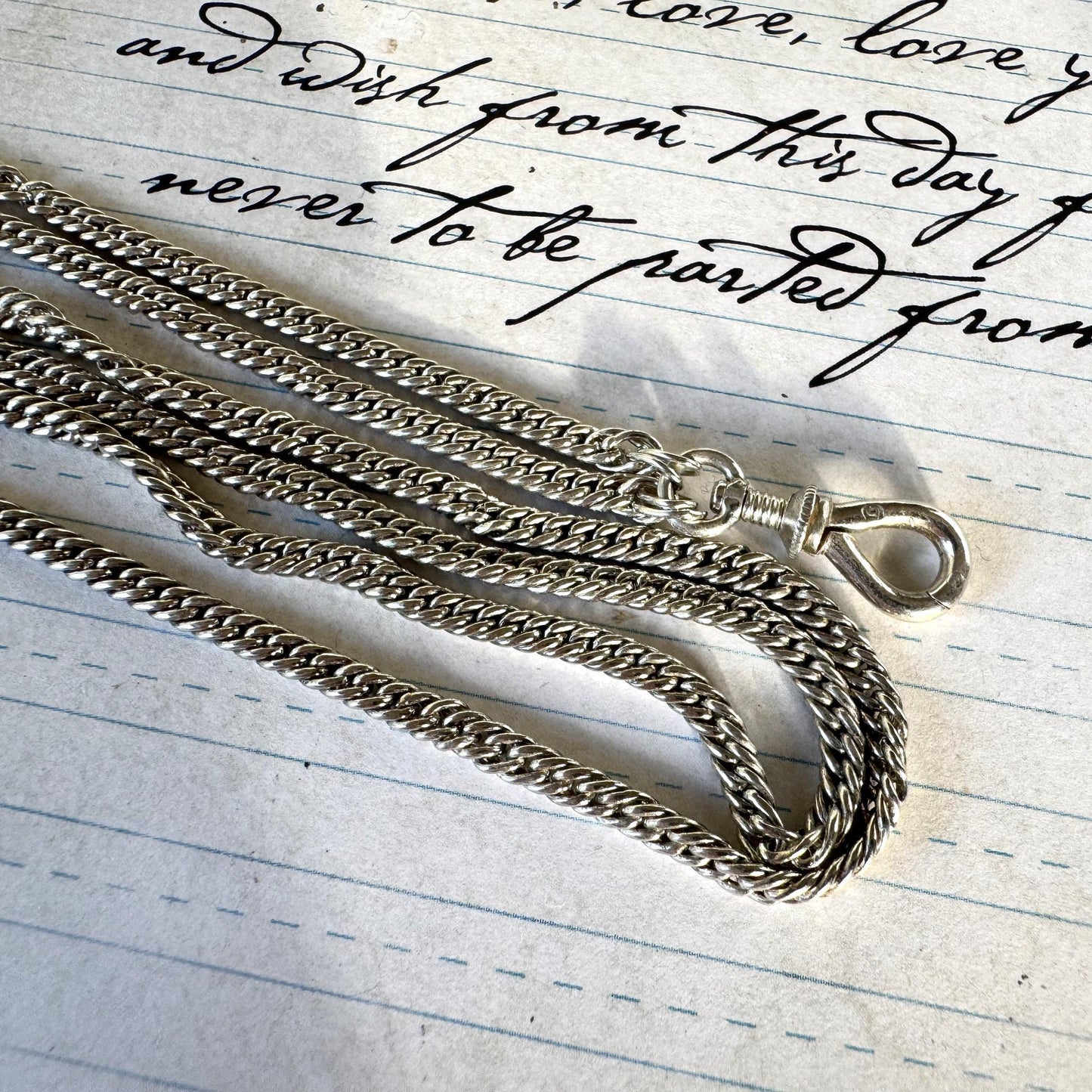 Antique Georgian Sterling Silver Guard Chain Necklace With Threaded Screw Swivel Clip. 52" Long Curb Chain Sautoir Necklace/Muff Chain