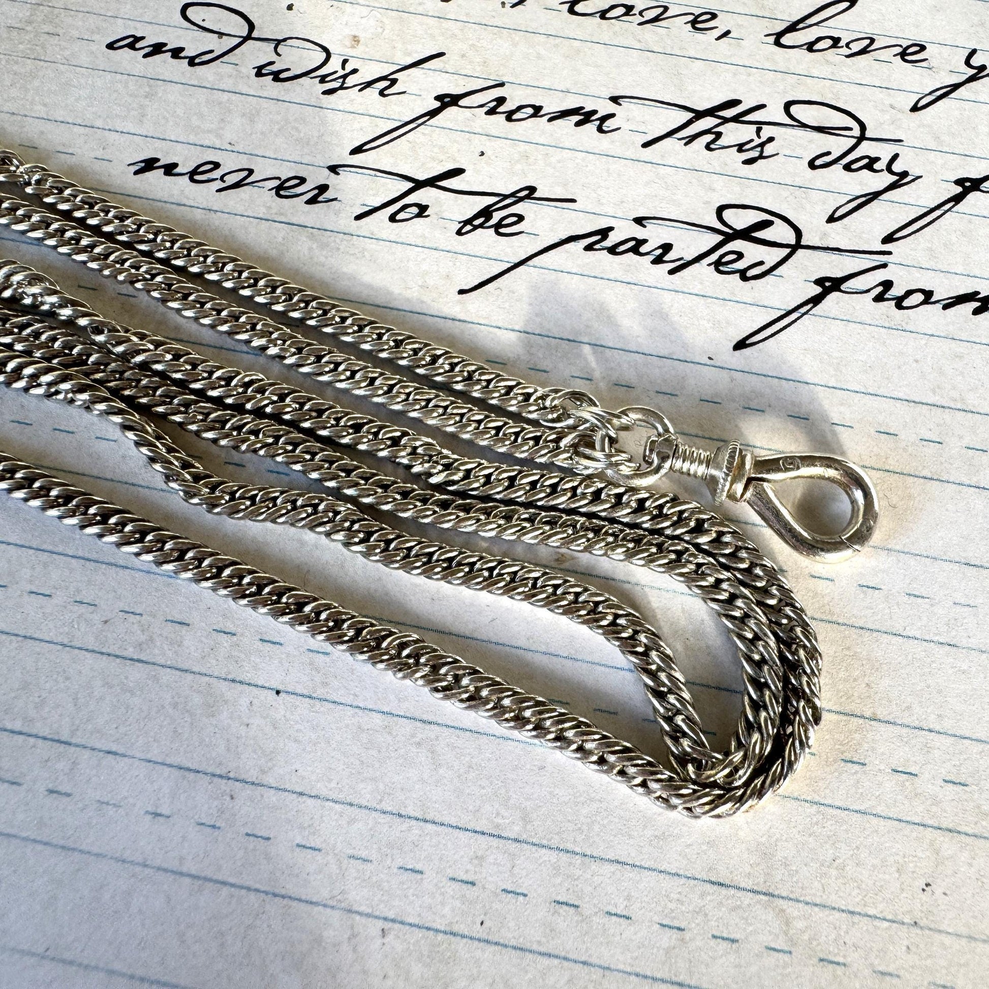 Antique Georgian Sterling Silver Guard Chain Necklace With Threaded Screw Swivel Clip. 52" Long Curb Chain Sautoir Necklace/Muff Chain